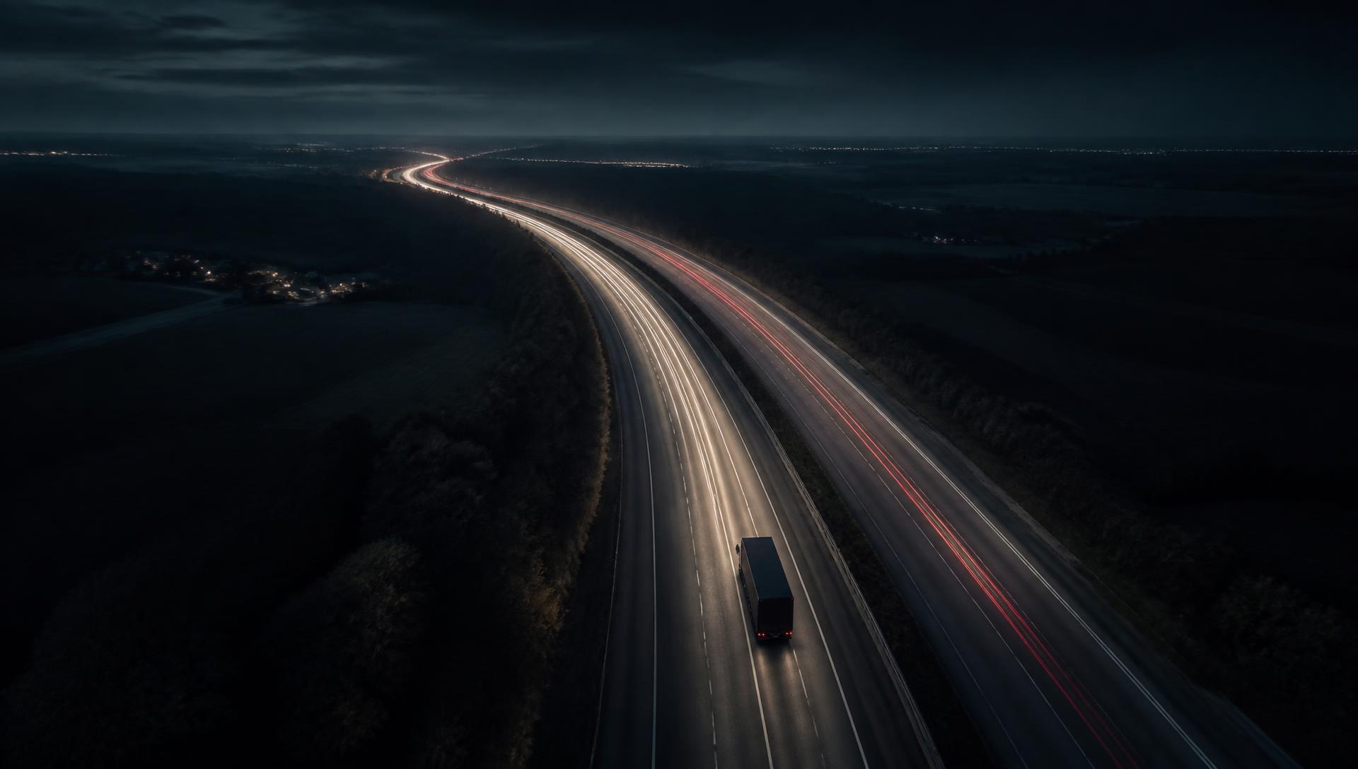 Aerial view of a dark interstate corridor at night with light trails